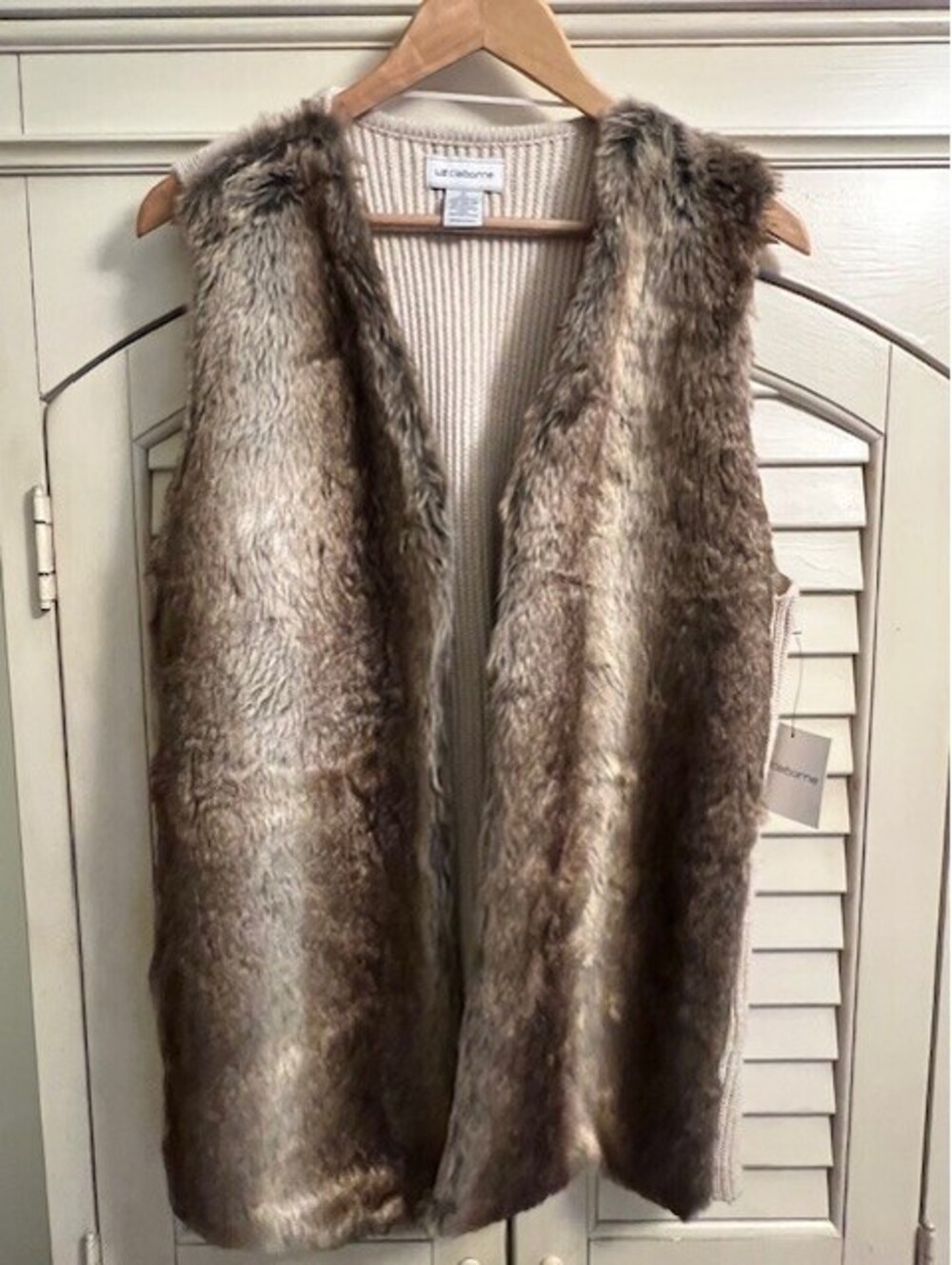 NEW Liz Claiborne Womens Faux Brown Fur & Knit Back with Pockets Vest - Size XL